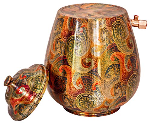 Image of Indian Art Villa Printed Paisley Design Copper Water Dispenser Pot Matka, Stoarage, Home Garden, 6 LTR
