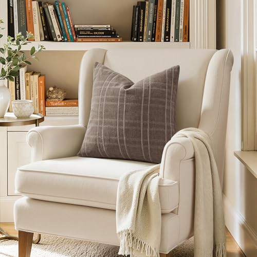 Image of MIULEE Decorative Linen Check Euro Shams Throw Pillow Covers Neutral Farmhouse Vintage Pillow Covers 24x24 Set of 2 Boho Modern Winter Home Decor for Sofa Couch Bedroom Cushion Taupe