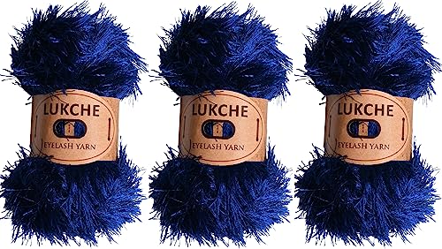 Image of Eyelash Fun Fur Yarn Premium 100% Polyester 164 Yds (150 Mt), 3.53 Oz (100 Gr) Colorful Crochet Yarn Dıy Hand Knitting (Navy Blue, 3 Skein)