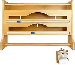 Suporte Organizador de Parede Bambu para Cozinha com Cortador Embutido | Porta Papel Toalha, Alumínio, PVC | Prateleira para Temperos | Ideal para Organização Doméstica