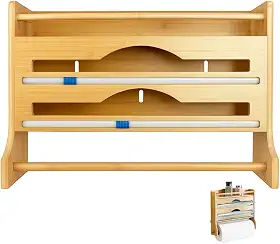 Suporte Organizador de Parede Bambu para Cozinha com Cortador Embutido | Porta Papel Toalha, Alumínio, PVC | Prateleira para Temperos | Ideal para Organização Doméstica