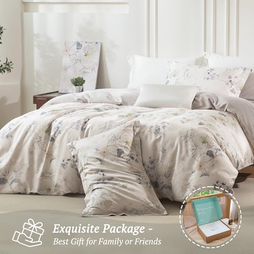 MILDLY Twin Size Duvet Cover Set 100% Long-Staple Cotton Luxury Elegant Floral Patten Reversible Comforter Cover Set 2Pcs