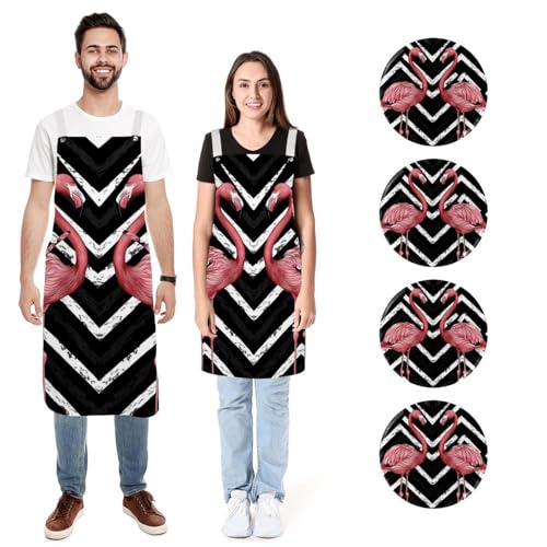 Tabliers de cuisine motif flamant rose idée cadeau couple lin