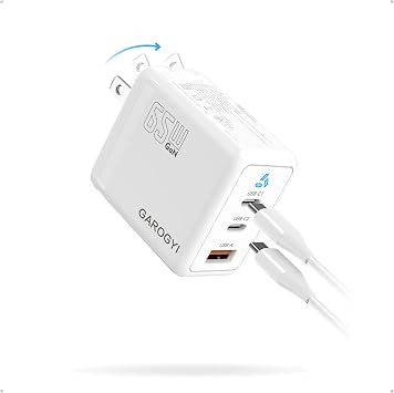 USB C Charger 65W, 3 Ports GaN Fast Charger Block, Compact Foldable Wall Charger with USB-C Cable for iPhone 16 Pro Max, iPad, MacBook Pro/Air,Galaxy S24,Dell XPS 13,Pixel 8 and More White