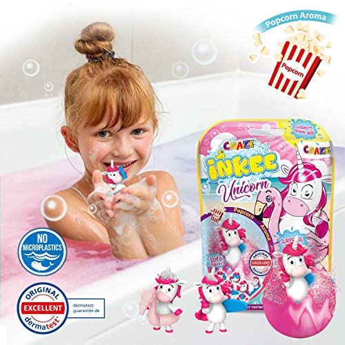 CRAZE INKEE Pack de 3 Bombas de baño para niños con figura Sorpresa de Unicornio Beach, Bombas de baño con aroma a palomitas, Color rosa , 80g, 3 de 6 diseños unicornios en la playa,Sin Gluten