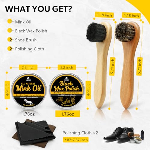 MEKER Shoe Polish Kit, 6 PCS Leather Care Kit with 3.52oz Mink Oil & Shoe Polish, Leather Conditioner with 2 Shoes Brush & 2 Shoe Cloth, Restore Shoes, Boots, Furniture, Jacket, Briefcase - Thumbnail 5