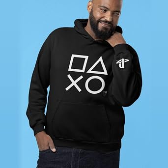 Ripple Junction Sony PlayStation Men's Pullover Hooded Sweatshirt PS Button Icons & Sleeve Print Symbol Officially Licensed