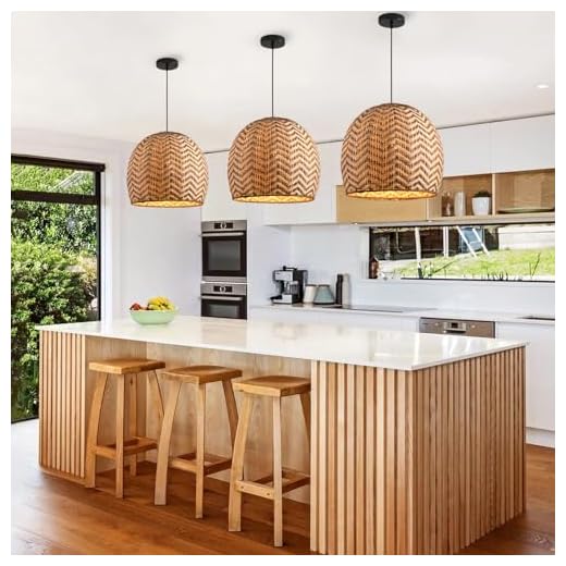 Teru Ji Kaikang 13.77" Rattan Pendant Light 1-Pack Rustic Curry Rattan Hanging Light Hand-Woven Wicker Chandelier for Dining Living Bedroom Kitchen Farmhouse