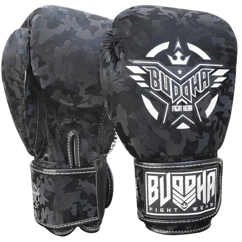 BUDDHA FIGHT WEAR - Guantes de Boxeo Thailand - Muay Thai - Kick Boxing - Piel Sintética Tejido Interior Resistente A Los Olores - Varios Diseños (Army Negro, 16 Oz)