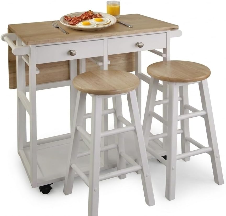 3-Piece Wood Dining Table Set with 2 Pub Stools, Rolling Caster Kitchen Island Table with Drop Leaf, Small Wooden Square Breakfast Bar Cart Trolley with Chairs and Drawers