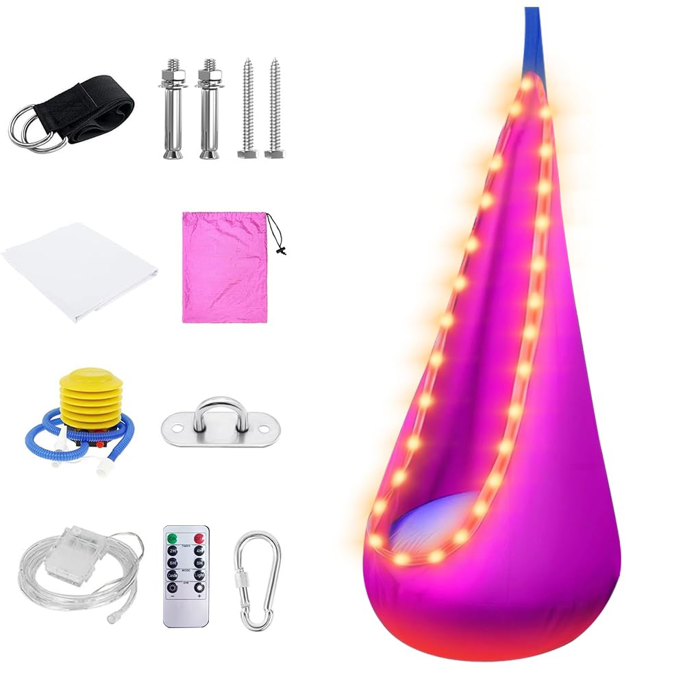 Cueva colgante, asiento de columpio con LED y cojín inflable, asiento colgante con bomba, soporta hasta 80 kg – 70 x 150 cm (rosa)