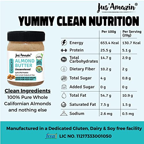 Image of Jus' Amazin Crunchy Almond Butter - Unsweetened (325 Gram)| 25.5% Protein | Plant-Based Nutrition | 100% Almonds | Zero Additives | Dairy Free | 100% Natural