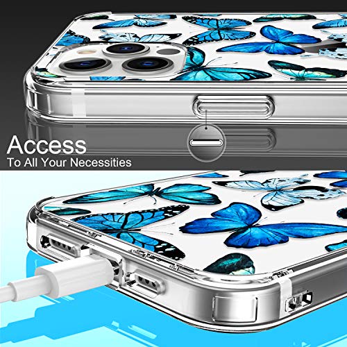 LUHOURI Designed for iPhone 12 Pro Max Case with Screen Protector - Crystal Acrylic Clear for Women and Girls - Slim Fit Protective Phone Cover 6.7" - Floral Blue Butterflies