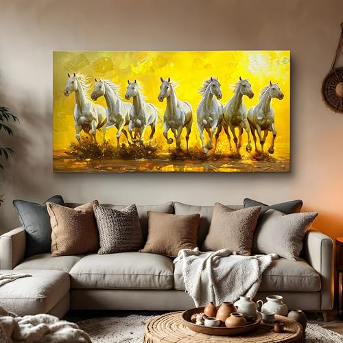 Image of PAINTINGMANTRA Vastu 3D White 7 Running Horses Painting for living room, Big size Seven Running Horses Wall Art painting for Home Decor Good Luck Success Prosperity Canvas Painting, Size 22x46 Inch