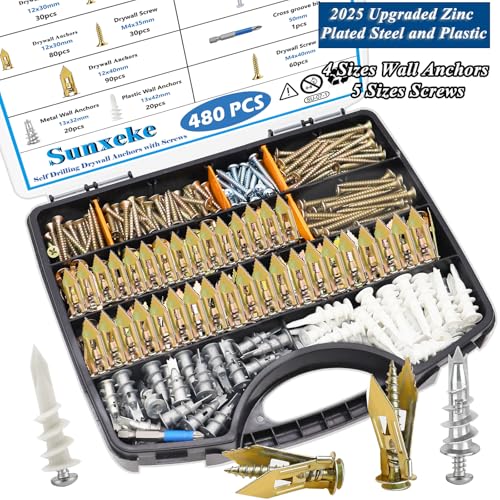 Image of 480 PCS Self Drilling Drywall Anchors Kit with Screws - 4 Sheetrock Anchors & 5 Screw Sizes (2026 Upgraded), No Drill Needed, Zinc Plated Steel and Plastic, Heavy Duty Wall Anchors