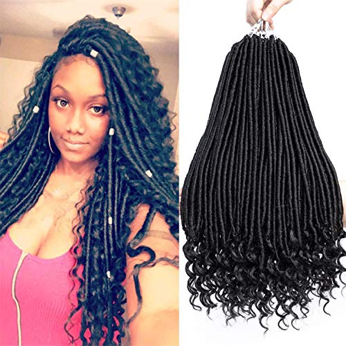3 Packs 18inch Striaght Goddess Locs With Curly Ends Faux Locs Crochet Twist Hair Soft Synthetic Braiding Hair Extension Wavy Faux Locs Twist Hair (3pc 18 inch, 1B)