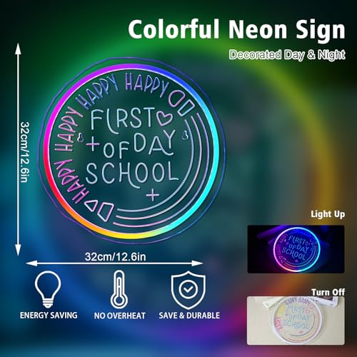 Image of First Of Day School Neon Sign Student Classroom Neon Lights For Wall Decor Dimmable Colorful Light Up Sign For Bedroom Library Classroom Reading Study Room Decoration Boy Girls Gifts