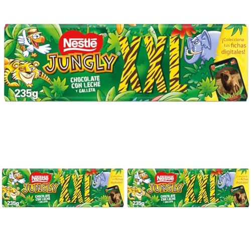 NESTLÉ JUNGLY Tableta de chocolate con galleta XXL 235g (Paquete de 3)