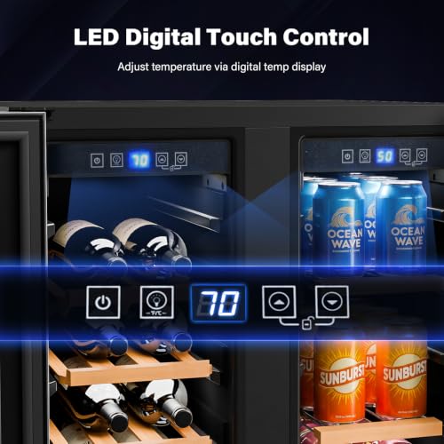 Image of ROVSUN 17 Bottles & 61 Cans Wine and Beverage Refrigerator, Dual Zone Wine Cooler with 37-64F Temp Control & LED Light, Built-in /Freestanding /Under Counter Wine Fridge for Red Wine, Champagne, Beer