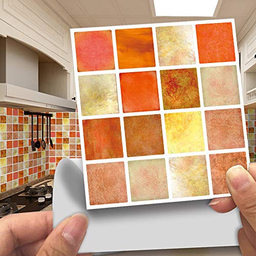 Hiseng Rectangle Adhésive Décorative à Carreaux pour Salle de Bains et Cuisine Stickers Carrelage, Motif Marbre Mosaïque Imperméables Adhésive Décoration, 10x10cm (Orange,10Pièces) Cover