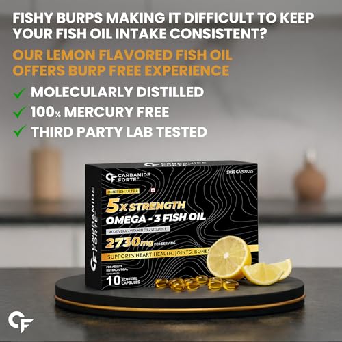 Image of Carbamide Forte 5X Strength Omega 3 Fish Oil Capsules 2730mg | Fish Oil Omega 3 Supplement to Support Overall Health & Skin With Added Aloevera, Vitamin D3, Vitamin E For Men & Women - 10 Softgels
