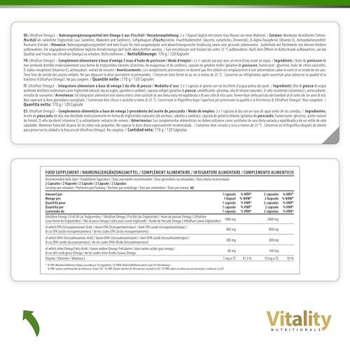 Fischöl Omega 3 Kapseln Hochdosiert mit 2000 mg Fischöl davon 800 mg EPA und 600 mg DHA pro Tag + Vitamin E (120 Stk) Ultra Pure Omega 3 Vitality Nutritionals by Vitaminexpress