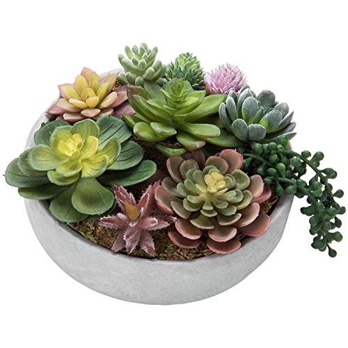 Mygift 8-Inch Faux Succulent Arrangement, Assorted Fake Plant In Gray Concrete Bowl Planter #TOP5