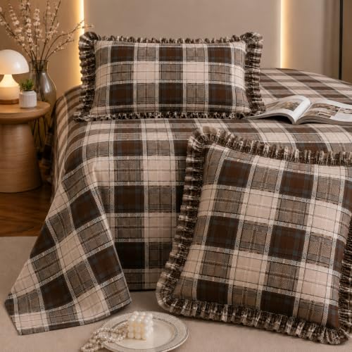 Image of Fitted Bedsheet Queen Size 300 TC Soft Cotton Feel Microfiber All Around Elastic Fitted Double Bedsheet with 2 Frill Pillow Covers | Size (60x78) Brown Check