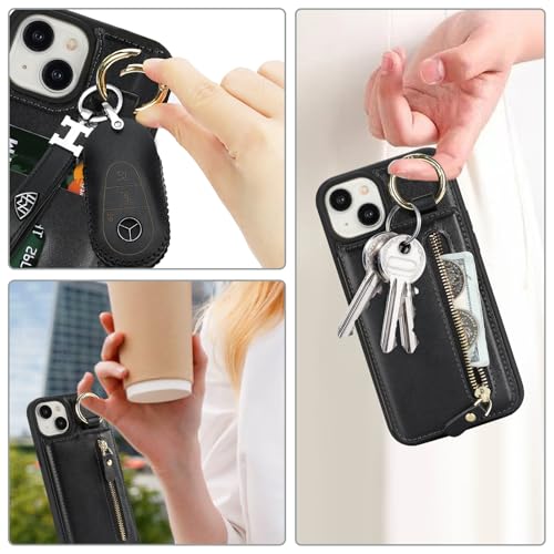 Havaya 対応 iPhone15 ケース iPhone 15 ケース 米軍MIL規格 カード収納 財布 リング付き キーホルダー キーリング スタンド機能 耐衝撃 フェイクレザー-ブラック