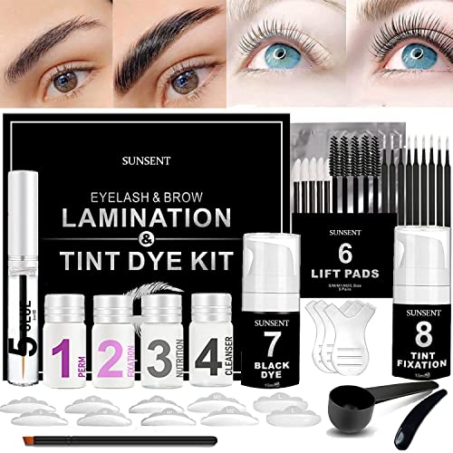 Black Eyebrow Lamination and Tint Kit, Lash Lift and Tint Kit 4 in 1, SUNSENT Instant Eyelash and Brow Dye Tint and Lift For Eyelash Growth 12-weeks Long Lasting,18-applications(lash lift and brow lamination & tint kit) (Set A)