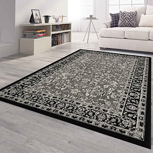 VIMODA Orient Teppich grau schwarz klassisch dicht gewebt mit Ornament und Blumenmotiven,...