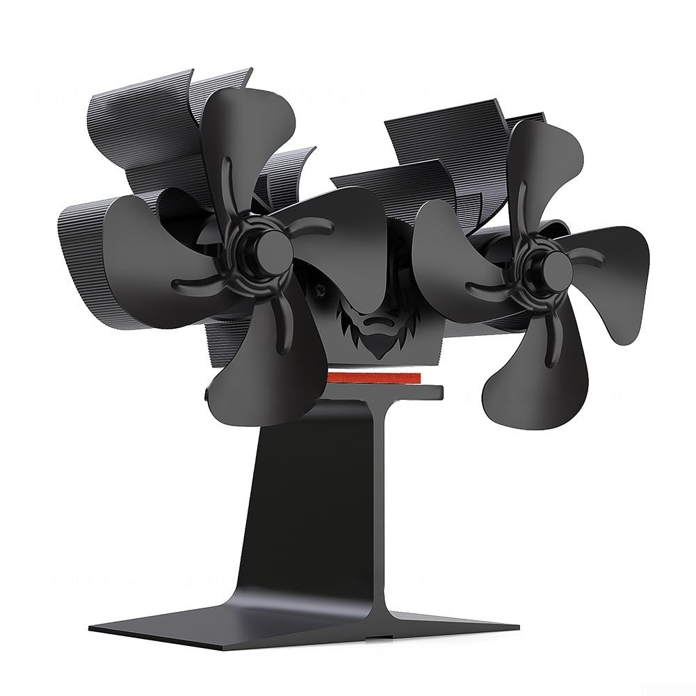 Zoegneer Ventilador de estufa de doble cabezal de 8 cuchillas alimentado por calor para chimenea, quemador de leña, circulación de aire silenciosa de alta eficiencia, construcción de aluminio
