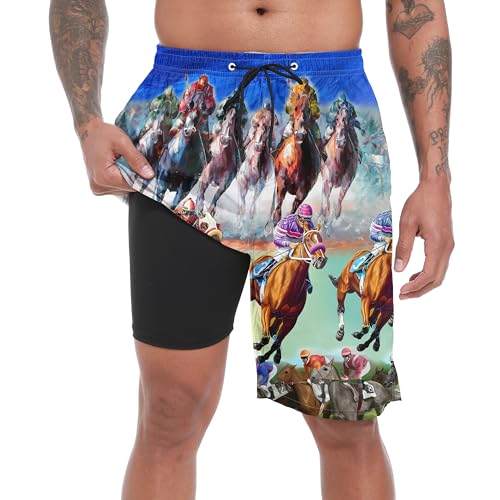 Mens Swim Trunks with Compression Liner, Vintage Horse Race Mens Bathing Suit Men Swimming Trunks 9 Inch Inseam Men's Board Shorts Swimwear, 4 Way Stretch Beach Shorts Quick Dry Swimsuits, M