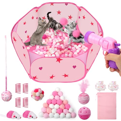Cat Ball Pit for Indoor Cats Collapsible Interactive Cat Toy Set with Pom Pom Launcher Crinkle Balls Jingle Bells Springs Toy Mice Foldable Enrichment Play Pen for Bored Kittens Self Play (Pink)