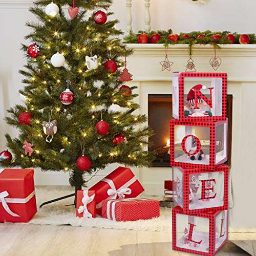 Christmas Decorations Red Black Plaid Noel Box,Large Transparent Noel Blocks Decorations for Fireplace Christmas Tree Decorations Home Decor Holiday Party Decorations
