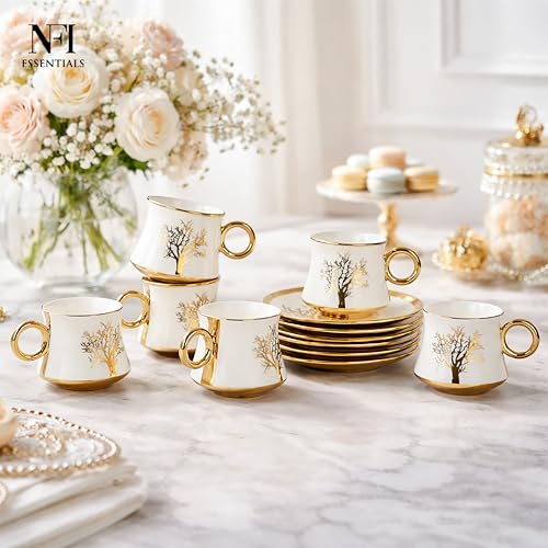 Image of NFI essentials Ceramic Cup & Saucer Set of 6 Pcs, Tea /Coffee Cup, Microwave & Dishwasher Safe, Premium Mug Perfect for Daily Use, Office, Gifting Elegant Golden Color Design 200ML
