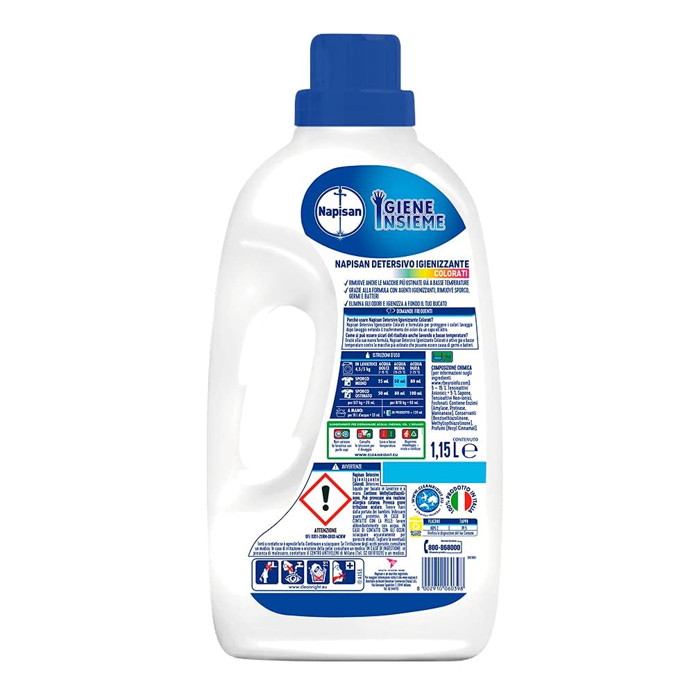 Napisan Detersivo Lavatrice Liquido Igienizzante Capi Colorati, 6 Confezioni da 1.15 da 23 Lavaggi di Detersivo Lavatrice Liquido