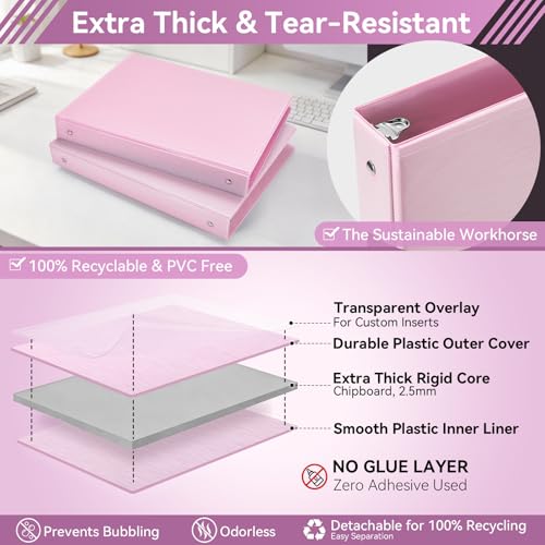 Image of SUIN 1 Inch 3 Ring Binder, Clear 1'' View Presentation Binders with 2 Pockets, Fits 8.5 x 11 Letter Size, Durable Polypropylene, Non-Stick & PVC-Free for School, Office & Home (Brushed Peach Pink)