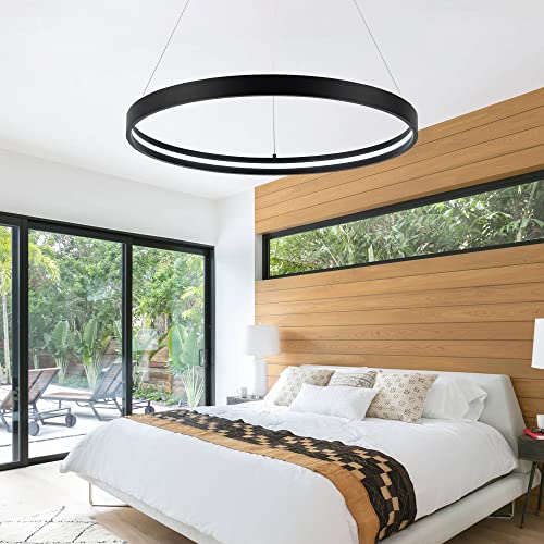 Sunmoo Modern Led Chandeliers Black, Dimmable Contemporary Led Chandeliers 1 Ring, Hanging Led Modern Pendant Light Fixture For Living Room Kitchen Lsland Dining Room Foyer Office Entryway 6000K #TOP6