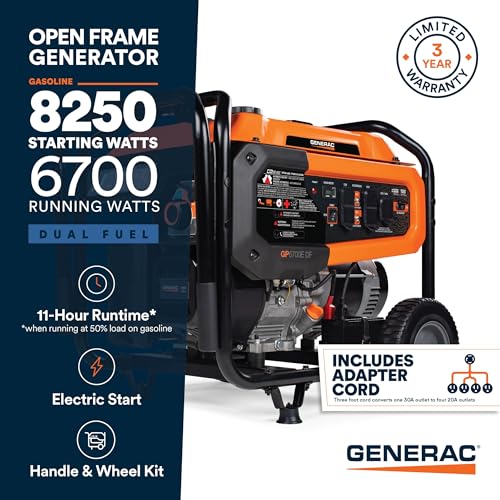 Image of Generac Dual Fuel Portable Gas Generator, 8,250 Starting Watts, Electric Start, COsense Carbon Monoxide Detection, 11 Hour Runtime, Gas or Propane, Heavy Duty Frame, Home Backup Emergency, 49-State