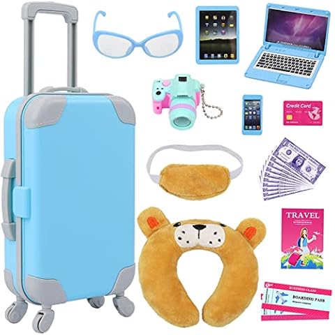 ZITA ELEMENT 22 Pcs 18 Inch Boy Doll Clothes Suitcase Set for 19 Inch Boy Doll Accessories Travel Carrier Storage, Including Suitcase Pillow Blindfold Sunglasses Camera Computer Cover