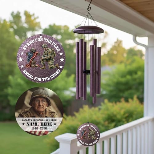 Image of Personalized Memorial Soldier Wind Chimes for Loss Dad Comrade-in-arms, 30 inch /36 inch /45 inch Deep Tone Wind Chime Sympathy Gifts in Loving Memory of US Veteran, Produced in Texas