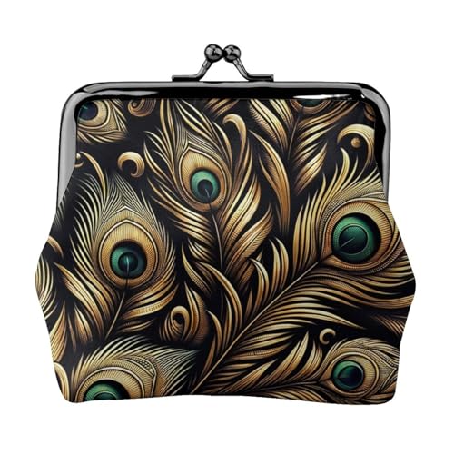 Pu Leather Buckle Coin Purse Gold-Black-Feathers-Peacock Girls Kiss-Lock Change Purse Wallets