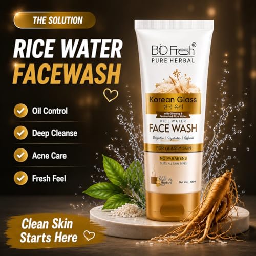 Image of BIOFRESH Pure Herbal Korean Glass Rice Water Face Wash - 100Ml, Ginseng & Fermented Rice Water, Brightening & Hydrating Cleanser for Glassy, Radiant Skin, No Parabens, Nano Multi-Vit Herbal Extract, Suitable for All Skin Types (Pack of 3)