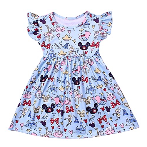 LZJLSQHYH Children Clothes Girls Flutter Sleeve Cartoon Printed Toddlers Summer Mickey Bow Dress (as1, Age, 9_Years, Blue)