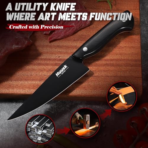 Image of Huusk Japanese Kitchen Utility Knife 5.7in - Titanium Coating Blade Small Kitchen Knife, Sharp Mini Chef Knives for All Purpose, High Carbon Stainless Small Chef Knifes, Gifts Idea for Men