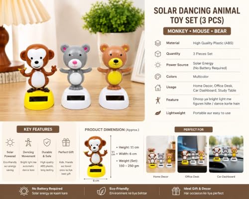 Image of Solar Powered Dancing Toy for Car Dashboard, Office Desk & Home Decoration | Decorative Figure | Eco-Friendly Desktop Showpiece (Bear, Mouse, Monkey, Set of 3)