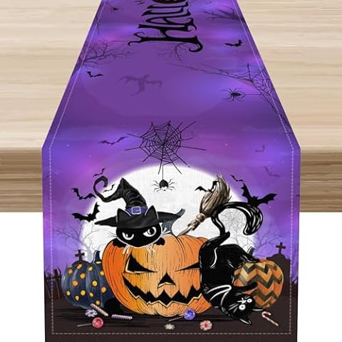 Halloween Table Runner, Halloween Spooky Witchy Black Cat Pumpkin Bats Spider Web Gothic Party Holiday Table Center Decor for Home Kitchen Dining Patio Indoor Outdoor Table Decorations, 13"x36" Inch Cover