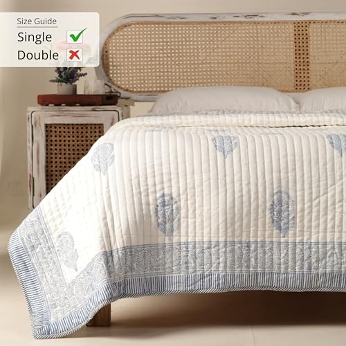 Image of Peepul Tree 100% Cotton Malmal AC Comforter 60 x 90 Inches, Best for Summers Lightweight, Soft, Breathable & Reversible AC Blanket for Single Bed, Off White & Blue