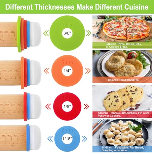 image for BIDFUL Wood Rolling Pin with Thickness Rings, Adjustable Wooden Rollin